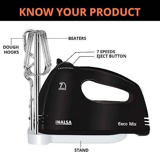 Inalsa Hand Blender Hand Mixer -Eeco Mix with Powerful 180 Watt Super Silent Pure Copper Motor| Variable 7 Speed Control| Includes Mixer/Beater & Dough Hooks| Hand Mixer with Stand, (Black), Small Inalsa Hand Blender Hand Mixer -Eeco Mix with Powerful 180 Watt Super Silent Pure Copper Motor| Variable 7 Speed Control| Includes Mixer/Beater & Dough Hooks| Hand Mixer with Stand, (Black), Small
